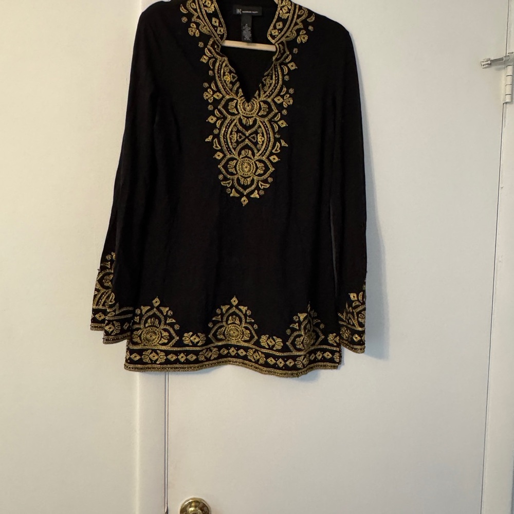 INC International Concepts Black and Gold Embroidered Top